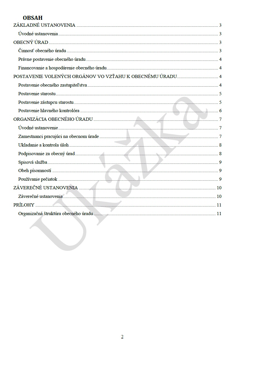 Organizačný poriadok obecného úradu - Obsah