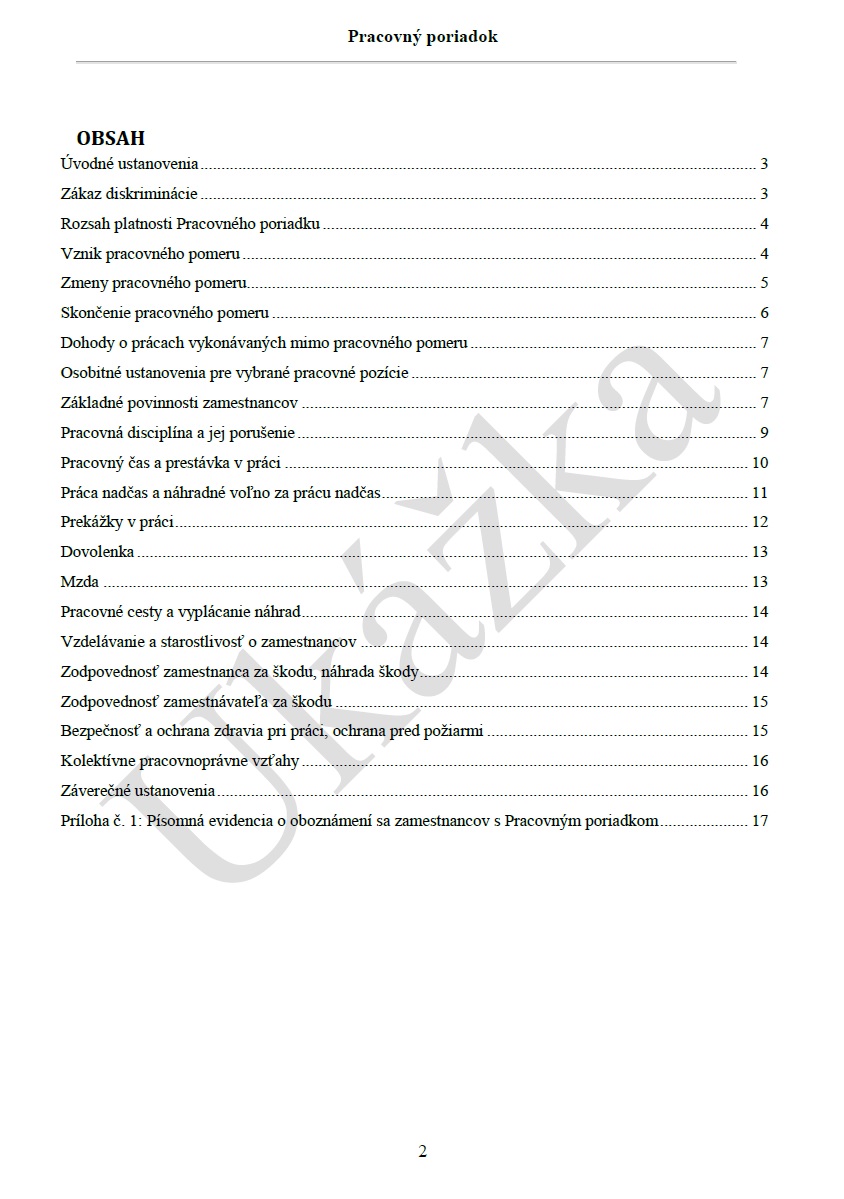 Pracovný poriadok - Obsah